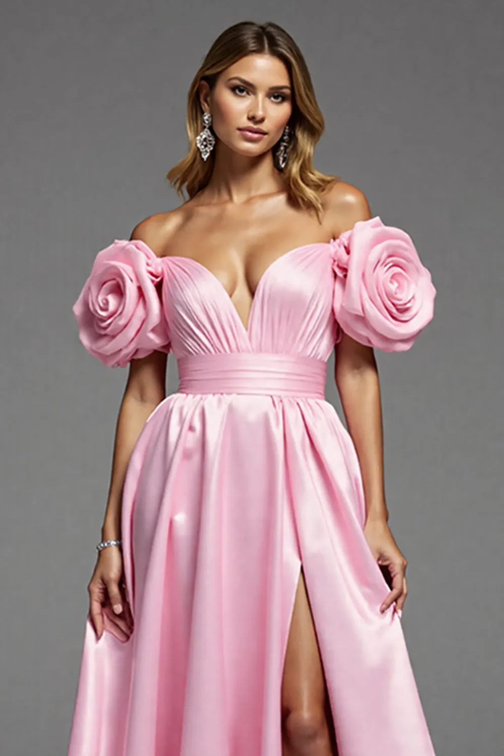 Pink Satin Floral A Line Long Prom Dress with Slit sold by Zapaka product image thumbnail 3
