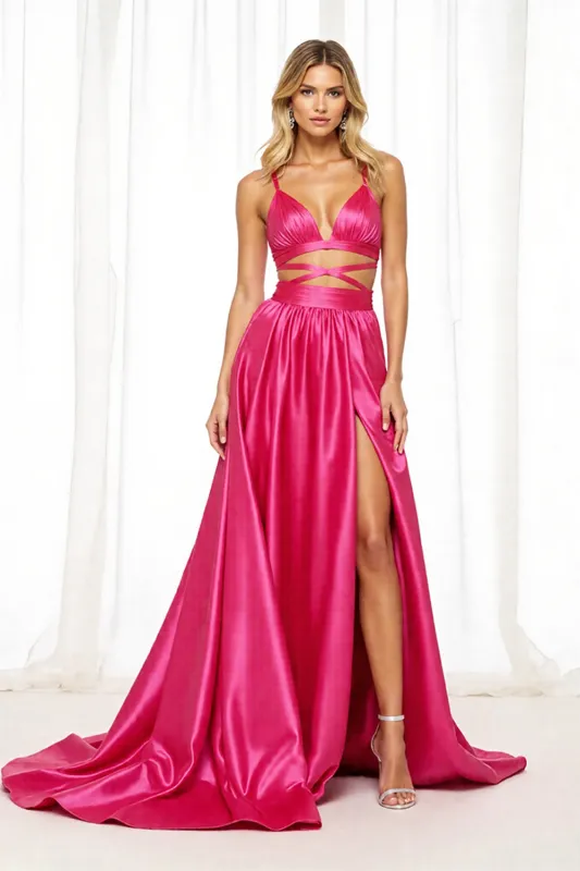Fuchsia Satin A Line Long Prom Dress with Slit sold by Zapaka