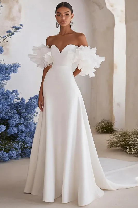 Ivory Off The Shoulder A Line Long Wedding Dress sold by Zapaka