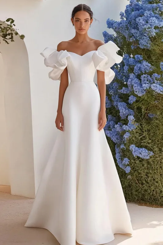 Off The Shoulder A Line Long Ivory Wedding Dress sold by Zapaka