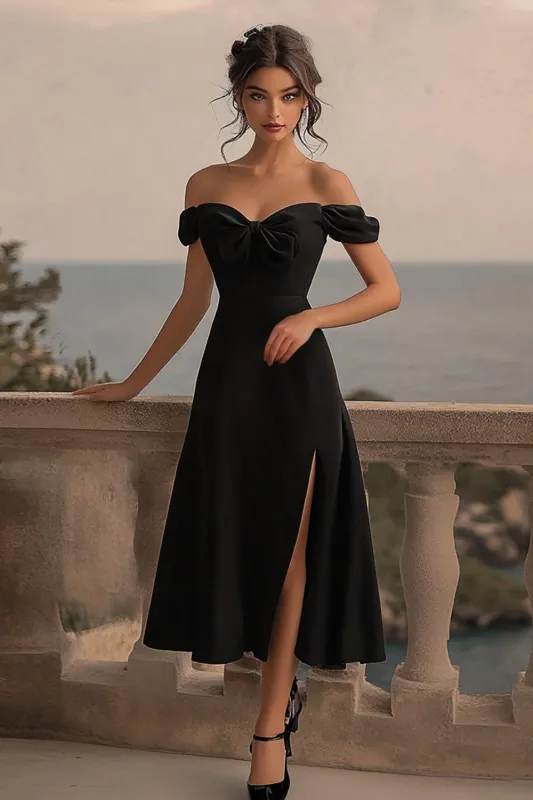Black Satin A Line Formal Dress with Slit sold by Zapaka
