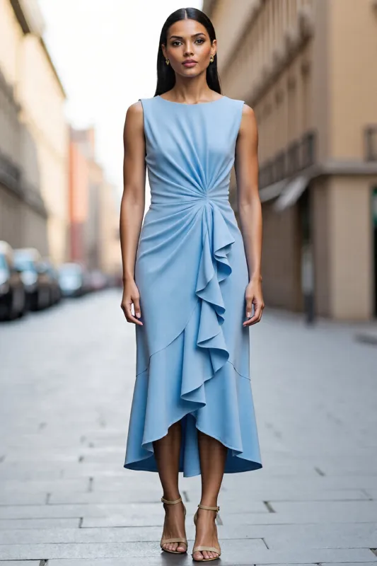 Satin Sky Blue Sheath Ruched Midi Work Dress with Ruffles sold by Zapaka
