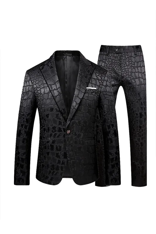 Black Jacquard Peak Lapel One Button 2 Piece Men's Suit sold by Zapaka