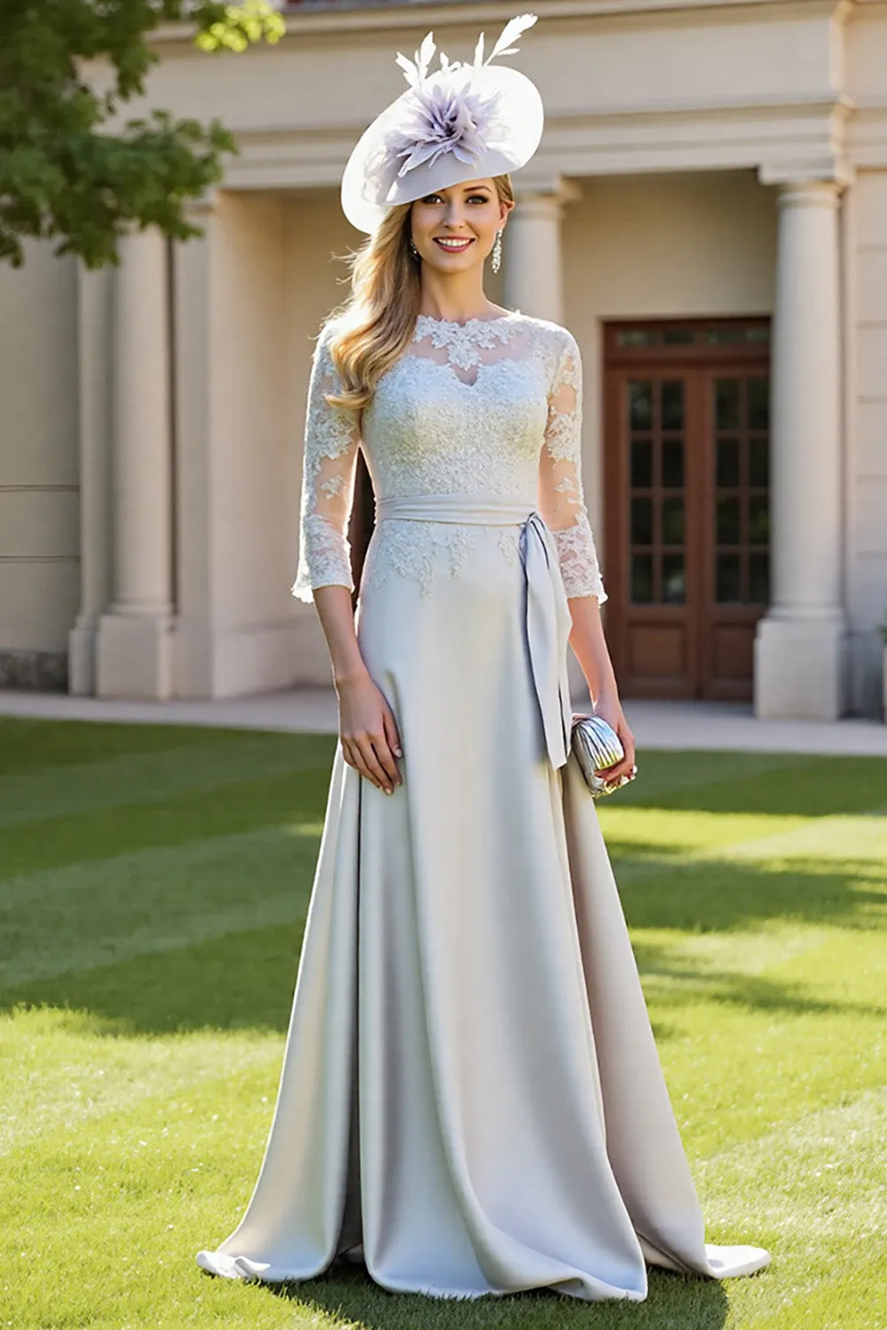 Silver Satin A Line Mother of the Bride Dress with Appliques sold by Zapaka