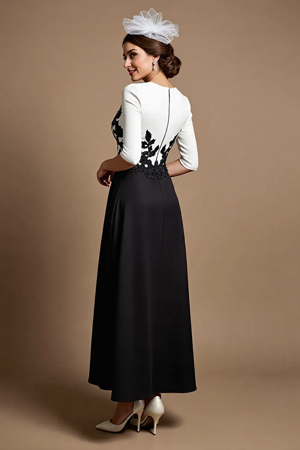 Black and White A Line Satin Midi Mother of the Bride Dress with Appliques sold by Zapaka product image thumbnail 2