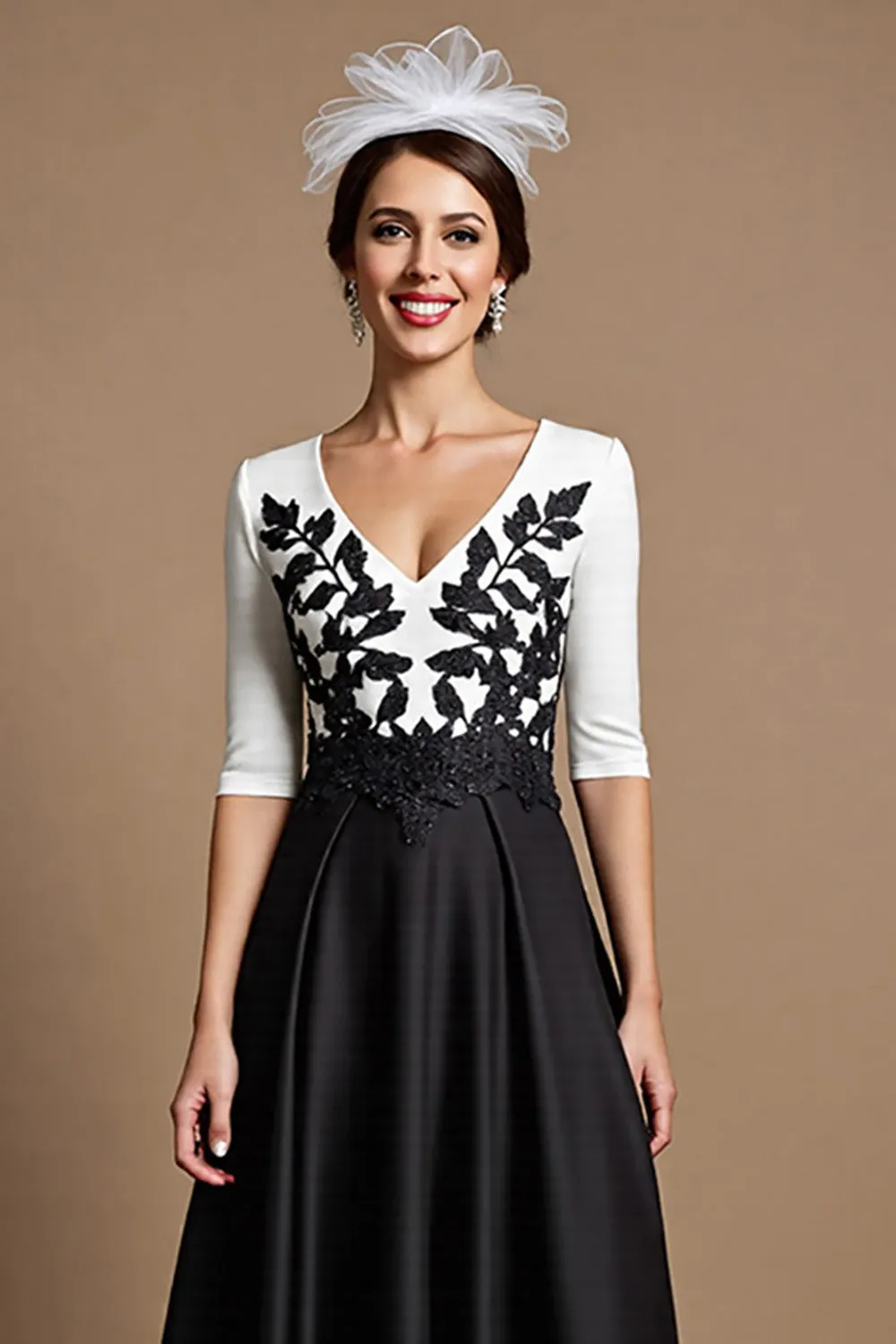 Black and White A Line Satin Midi Mother of the Bride Dress with Appliques sold by Zapaka product image thumbnail 3