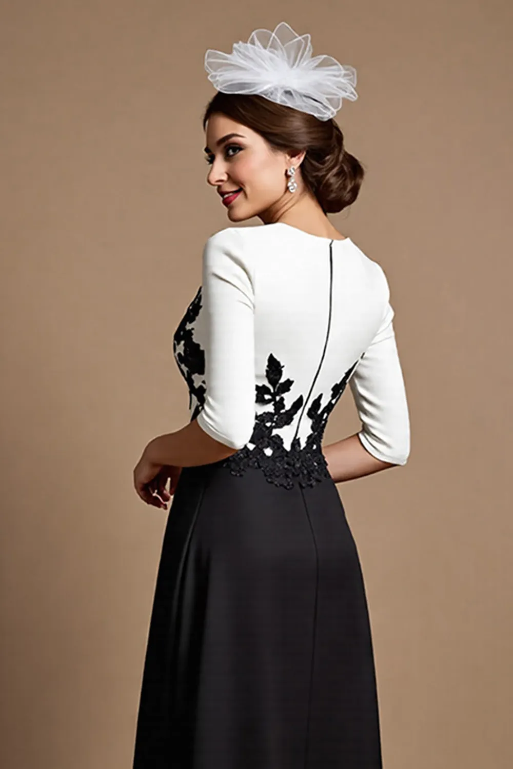 Black and White A Line Satin Midi Mother of the Bride Dress with Appliques sold by Zapaka product image thumbnail 4