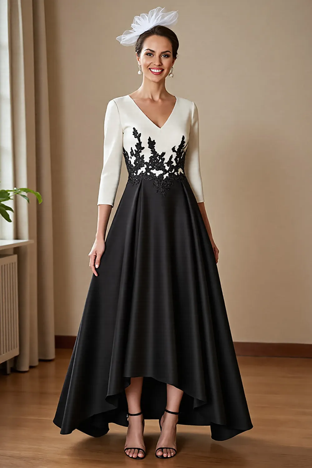 High Low Satin A Line Black and White Mother of the Bride Dress with Appliques sold by Zapaka