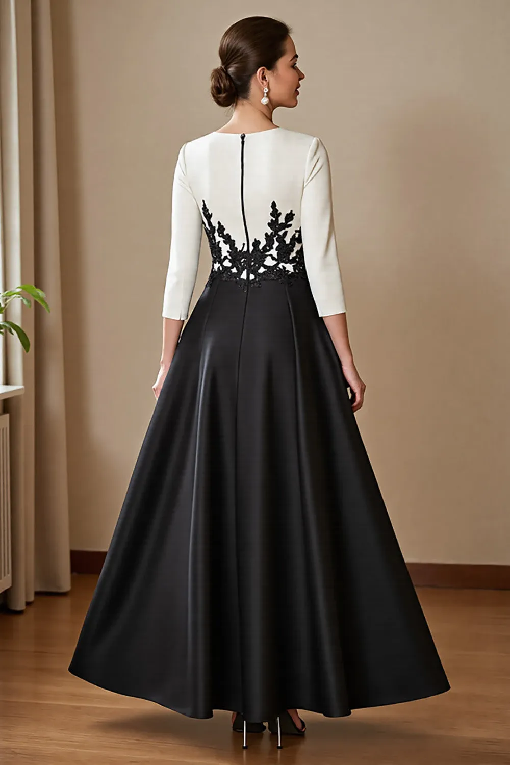 High Low Satin A Line Black and White Mother of the Bride Dress with Appliques sold by Zapaka product image thumbnail 2