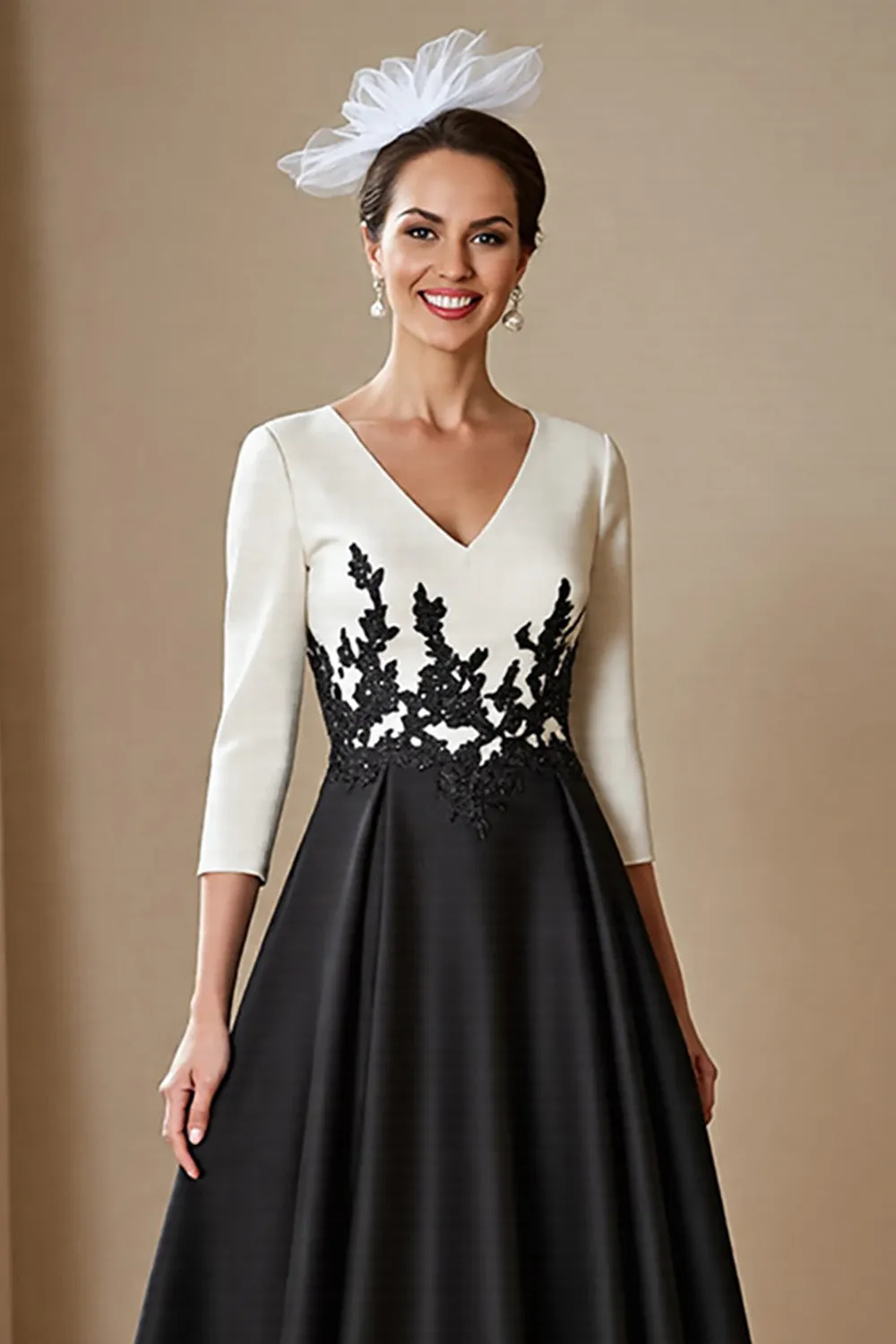 High Low Satin A Line Black and White Mother of the Bride Dress with Appliques sold by Zapaka product image thumbnail 3