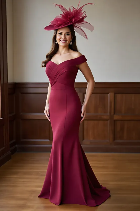 Burgundy Mermaid Off the Shoulder Mother of the Bride Dress sold by Zapaka
