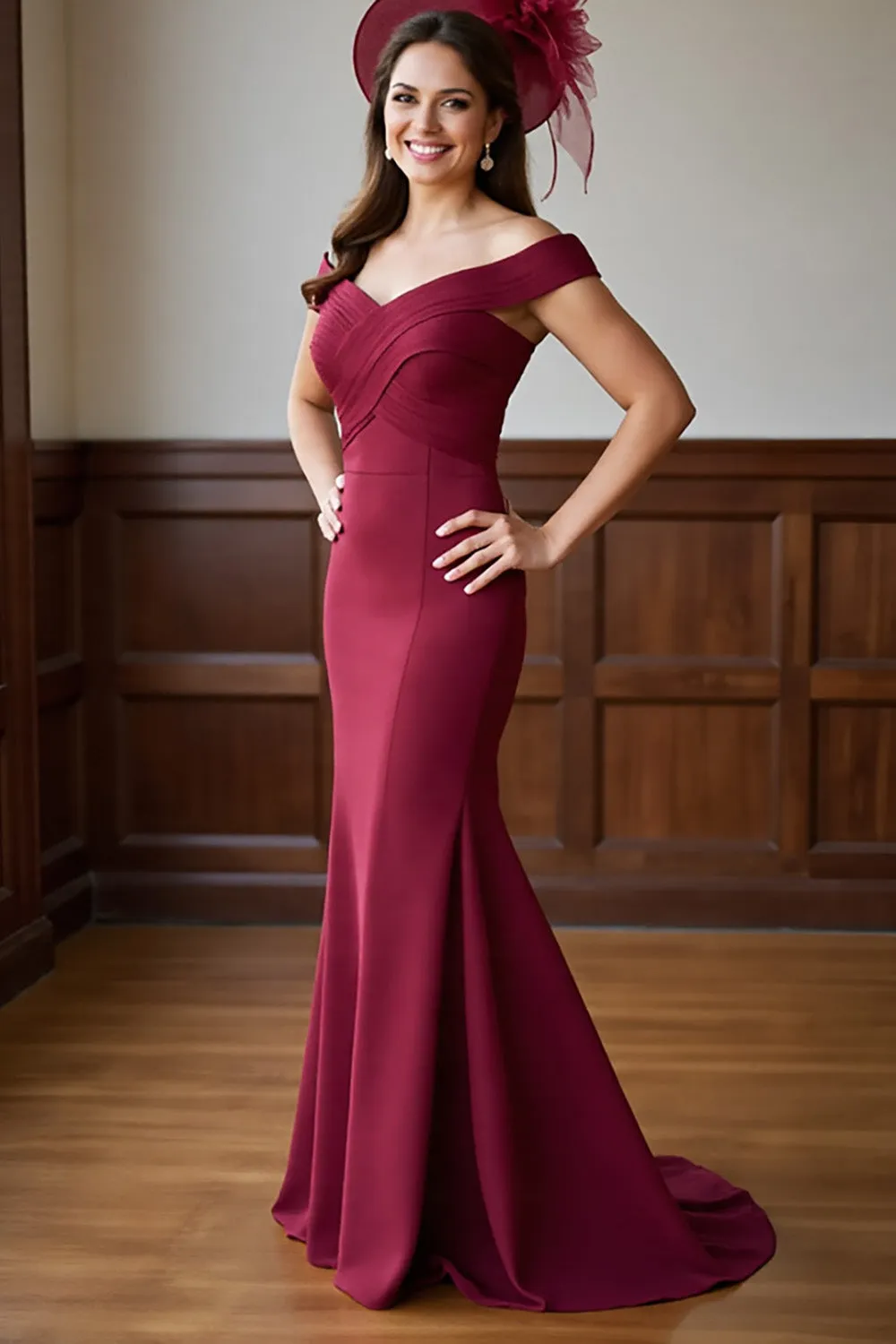 Burgundy Mermaid Off the Shoulder Mother of the Bride Dress sold by Zapaka product image thumbnail 2