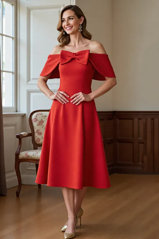 Red A Line Off the Shoulder Midi Mother Of the Bride Dress with Bow sold by Zapaka