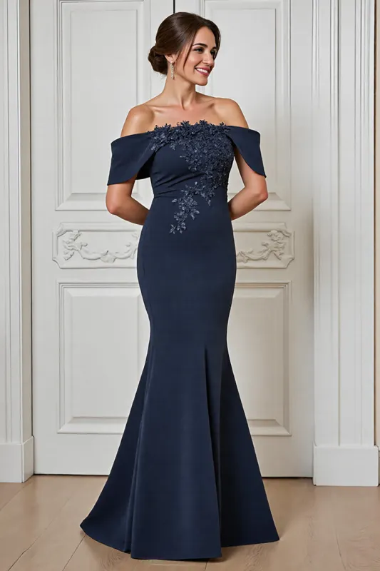 Navy Mermaid Off the Shoulder Mother of the Bride Dress with Appliques sold by Zapaka