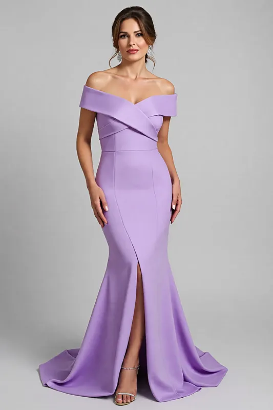 Lilac Off the Shoulder Mermaid Mother of the Bride Dress with Slit sold by Zapaka