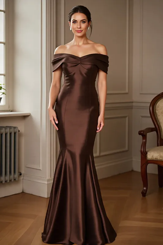 Off the Shoulder Mermaid Satin Brown Mother of the Bride Dress sold by Zapaka