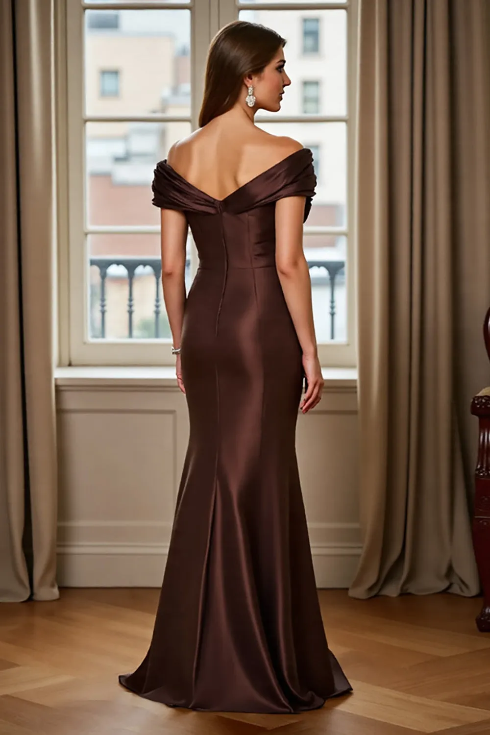 Off the Shoulder Mermaid Satin Brown Mother of the Bride Dress sold by Zapaka product image thumbnail 2