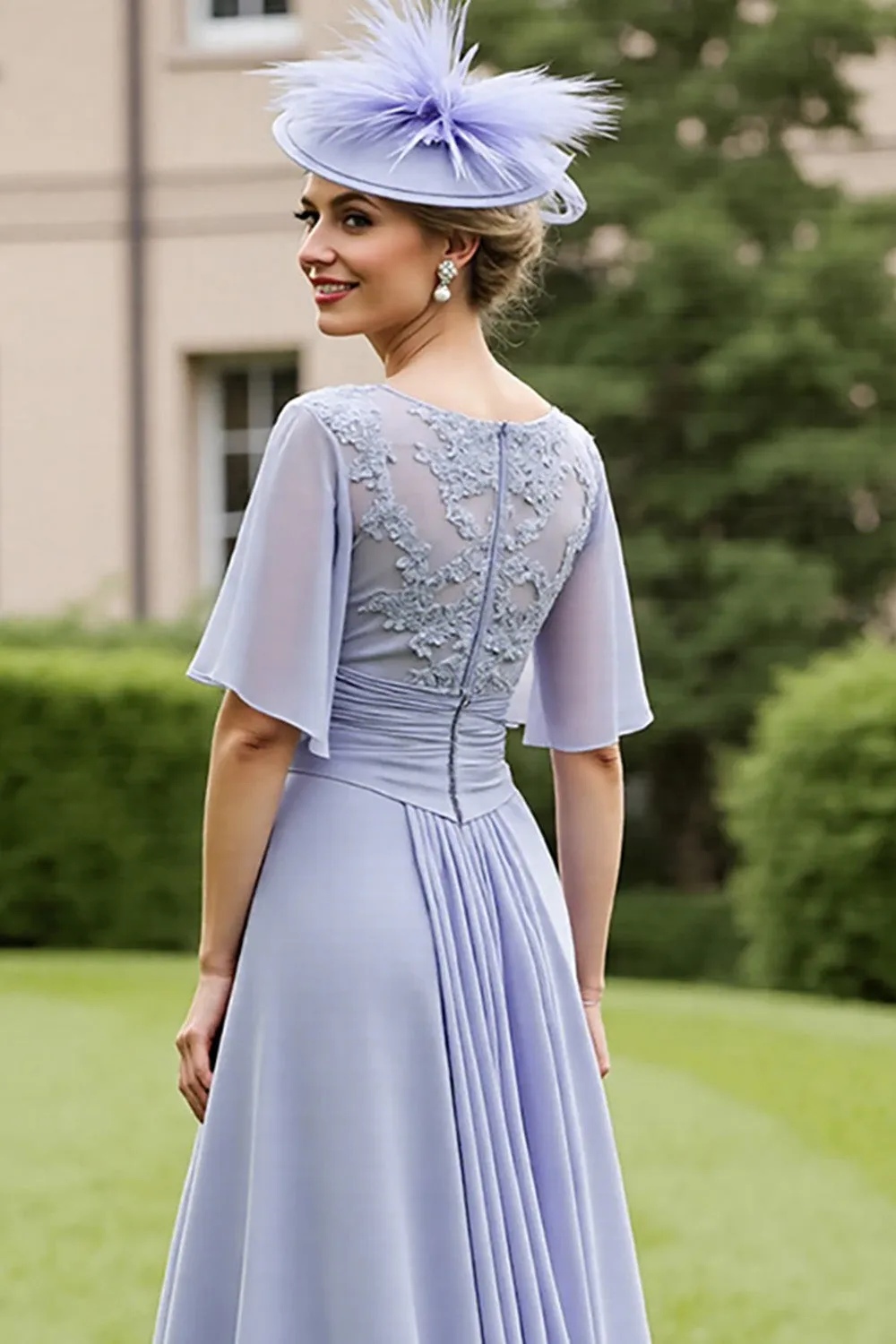 Grey Blue Chiffon Appliqued High Low Mother of the Bride Dress with Short Sleeves sold by Zapaka product image thumbnail 4