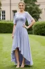 Grey Blue Chiffon Appliqued High Low Mother of the Bride Dress with Short Sleeves sold by Zapaka