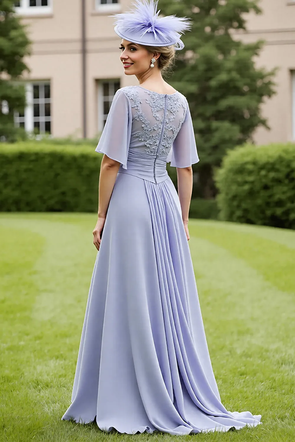 Grey Blue Chiffon Appliqued High Low Mother of the Bride Dress with Short Sleeves sold by Zapaka product image thumbnail 2