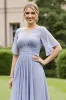 Grey Blue Chiffon Appliqued High Low Mother of the Bride Dress with Short Sleeves sold by Zapaka