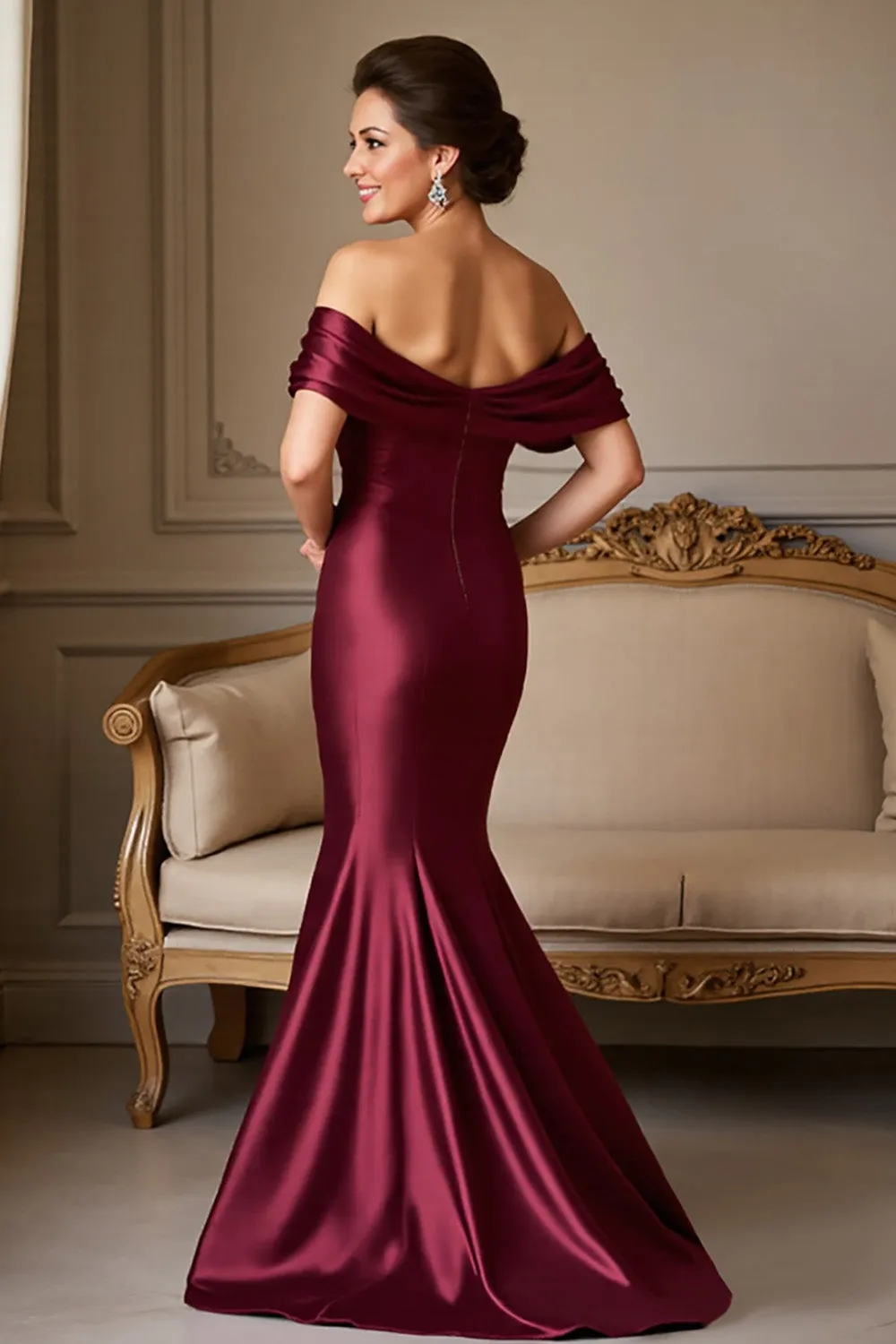 Burgundy Satin Mermaid Off the Shoulder Mother of the Bride Dress sold by Zapaka product image thumbnail 2
