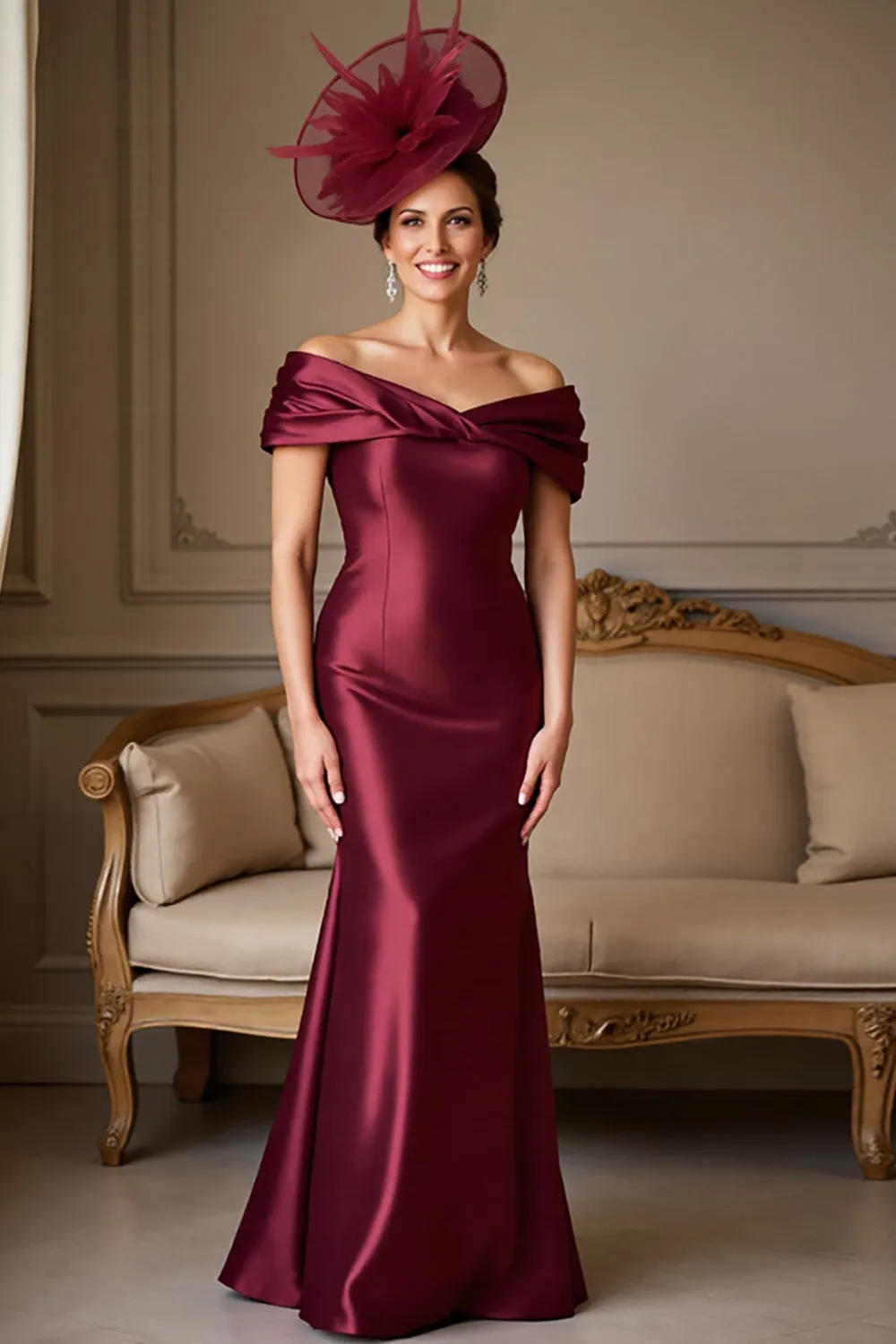 Burgundy Satin Mermaid Off the Shoulder Mother of the Bride Dress sold by Zapaka