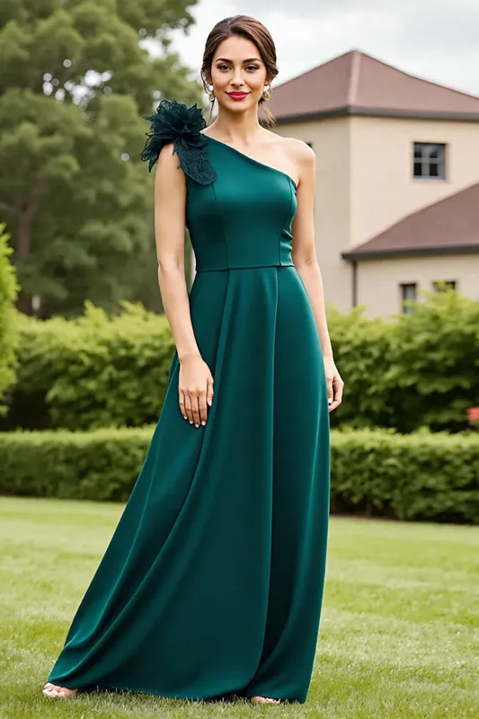 Pine One Shoulder A Line Mother of the Bride Dress with 3D Flowers sold by Zapaka