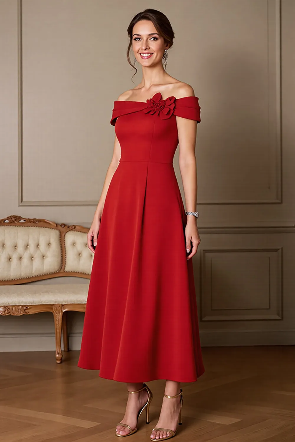 Dark Red Off the Shoulder Tea Length Mother of the Bride Dress sold by Zapaka
