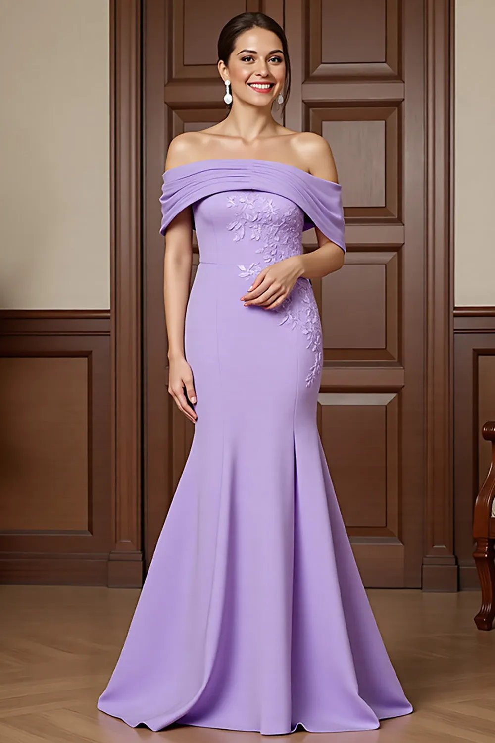 Lilac Mermaid Appliqued Off the Shoulder Mother of the Bride Dress sold by Zapaka