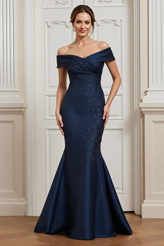 Off the Shoulder Mermaid Navy Mother of the Bride Dress with Appliques sold by Zapaka