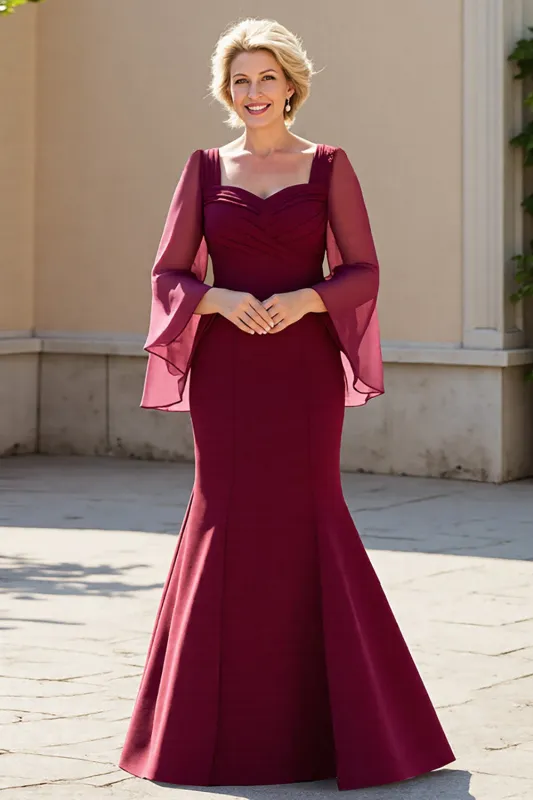 Burgundy Mermaid Chiffon Mother of the Bride Dress with Long Sleeves sold by Zapaka