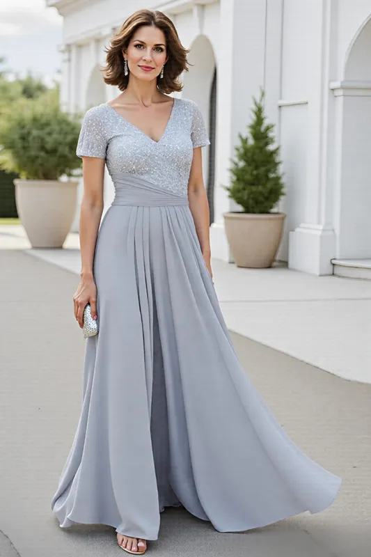 Sparkly Silver V Neck A Line Mother Of The Bride Dress sold by Zapaka