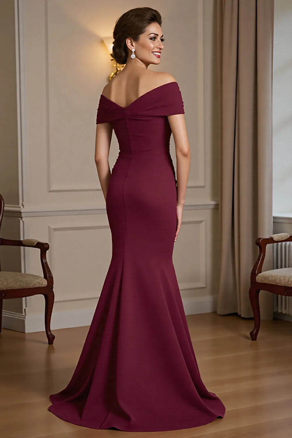Burgundy Mermaid Off The Shoulder Mother Of The Bride Dress sold by Zapaka product image thumbnail 2