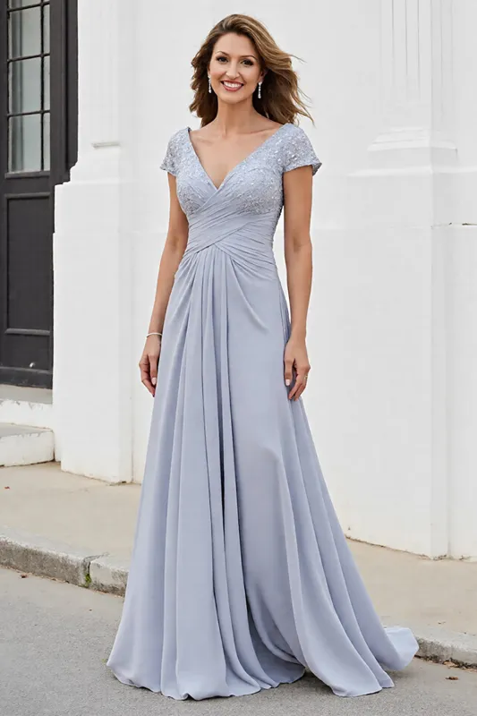 Silver V Neck Ruched A Line Mother Of The Bride Dress sold by Zapaka