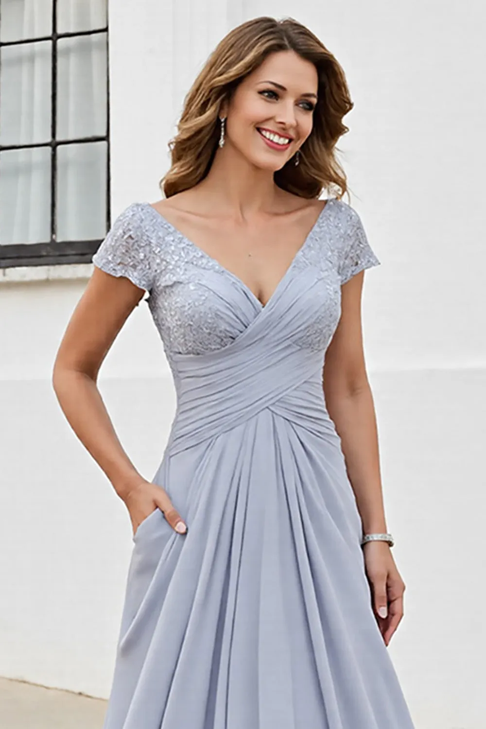 Silver V Neck Ruched A Line Mother Of The Bride Dress sold by Zapaka product image thumbnail 5
