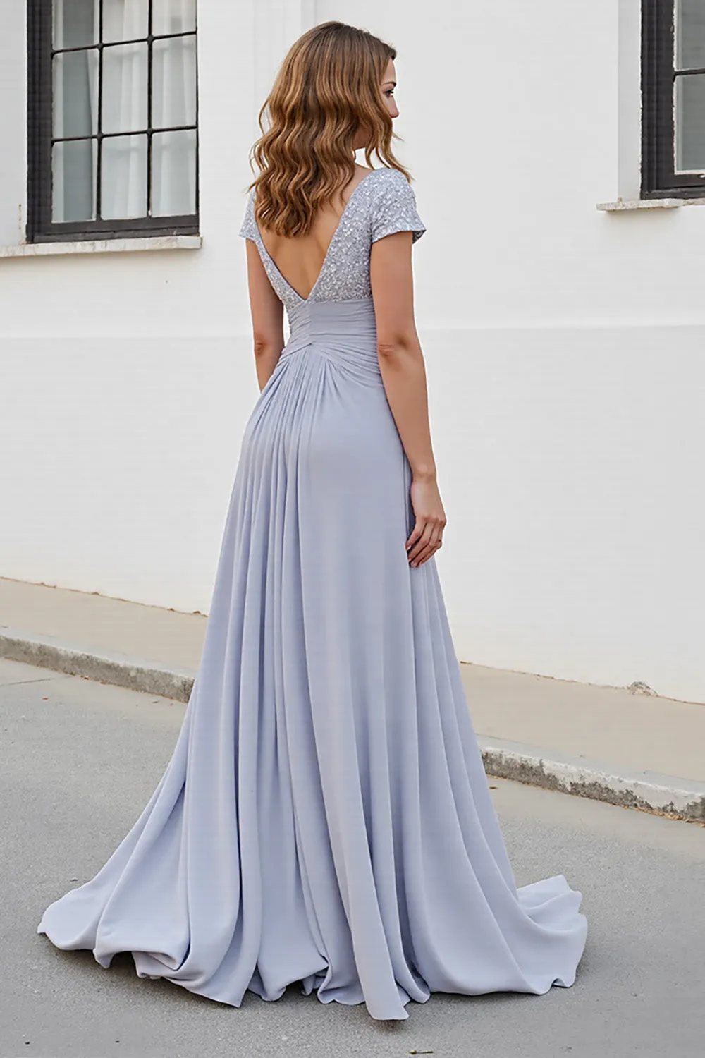 Silver V Neck Ruched A Line Mother Of The Bride Dress sold by Zapaka product image thumbnail 2