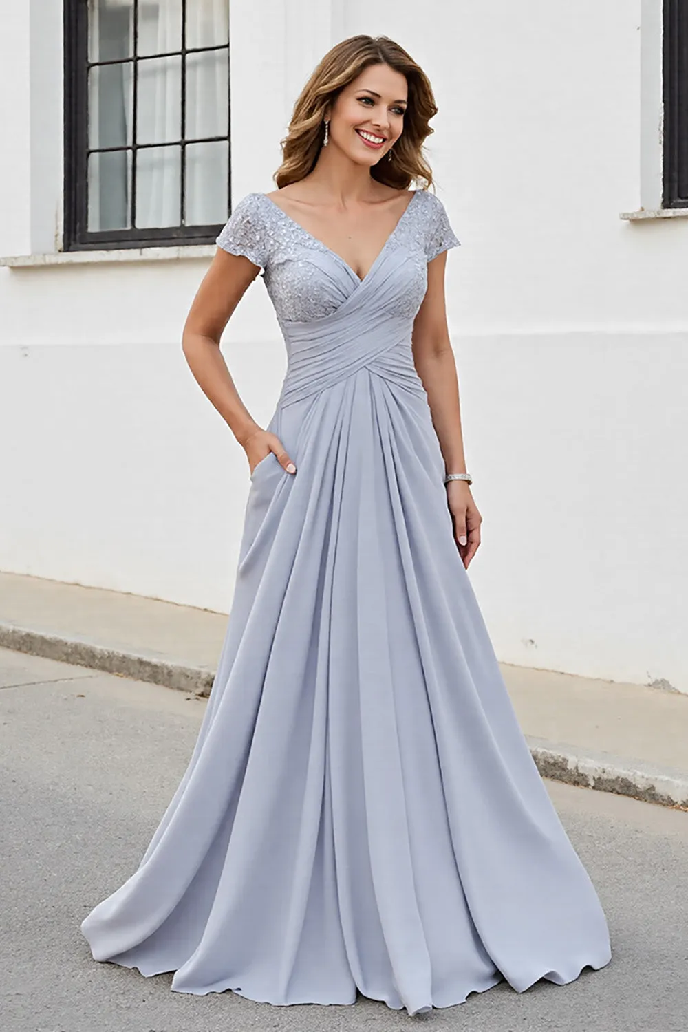 Silver V Neck Ruched A Line Mother Of The Bride Dress sold by Zapaka product image thumbnail 3