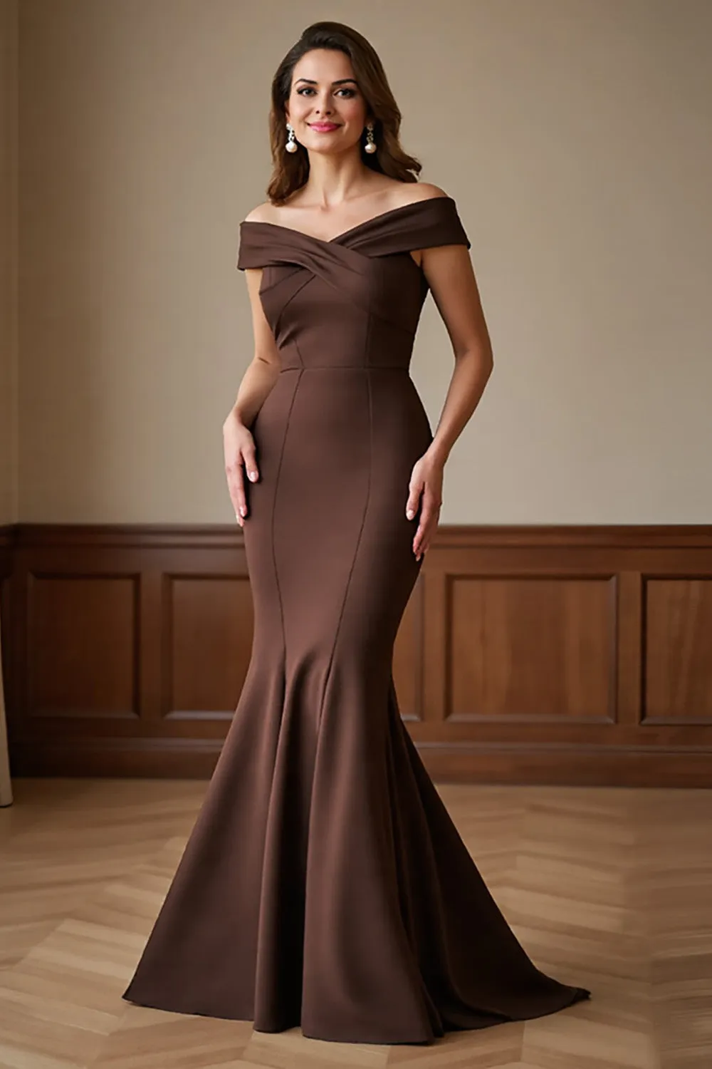 Off The Shoulder Brown Mermaid Mother Of The Bride Dress sold by Zapaka