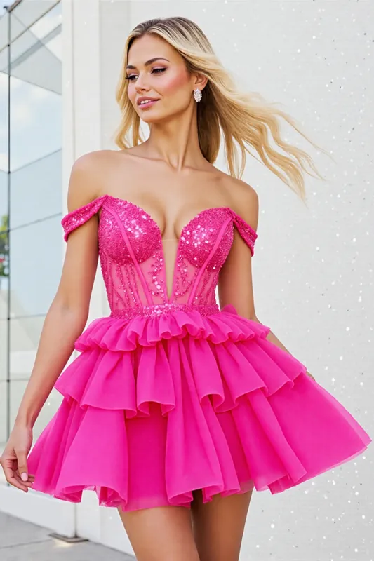 Off The Shoulder Beaded Corset Fuchsia Homecoming Dress sold by Zapaka