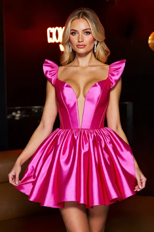 Sparkly A Line Ruffled Fuchsia Homecoming Dress With Bow sold by Zapaka