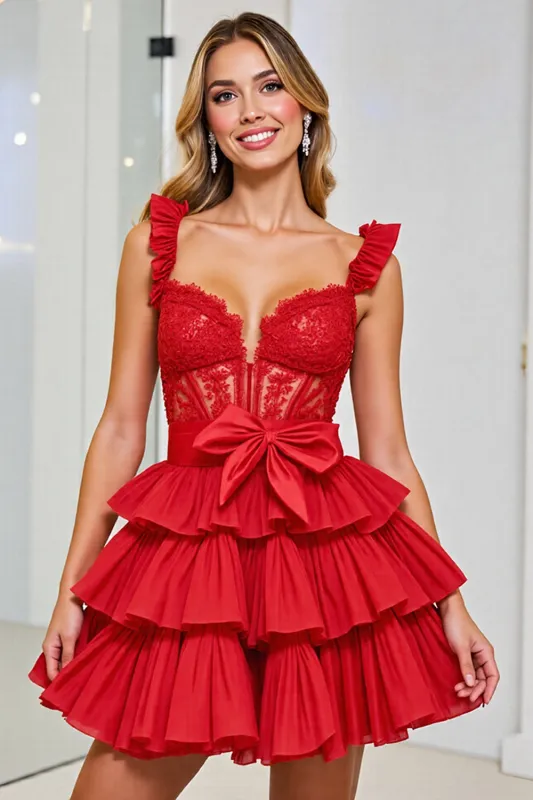 Red Tiered Corset Homecoming Dress With Removable Bow sold by Zapaka