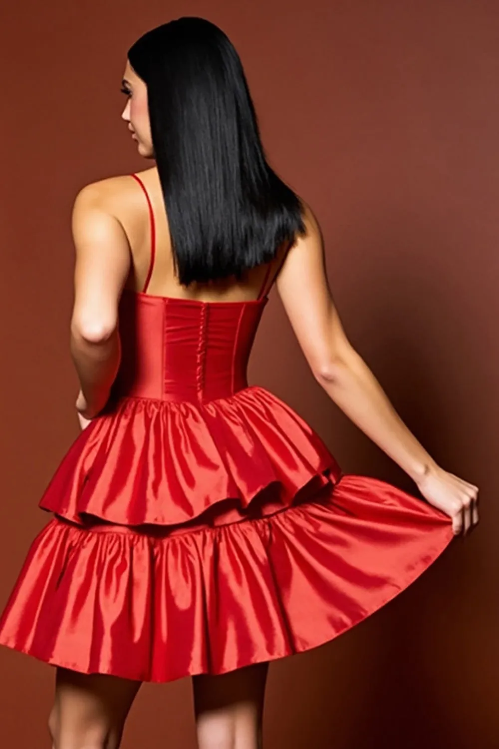 Red Spaghetti Straps Tiered Satin A Line Homecoming Dress sold by Zapaka product image thumbnail 4