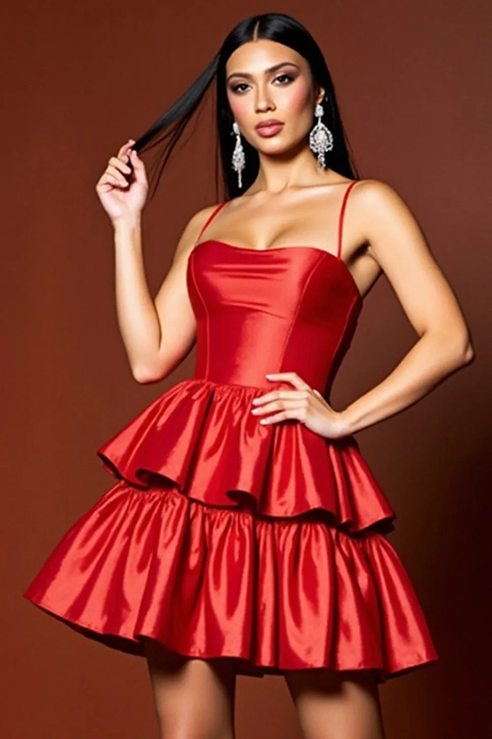 Red Spaghetti Straps Tiered Satin A Line Homecoming Dress sold by Zapaka product image thumbnail 3