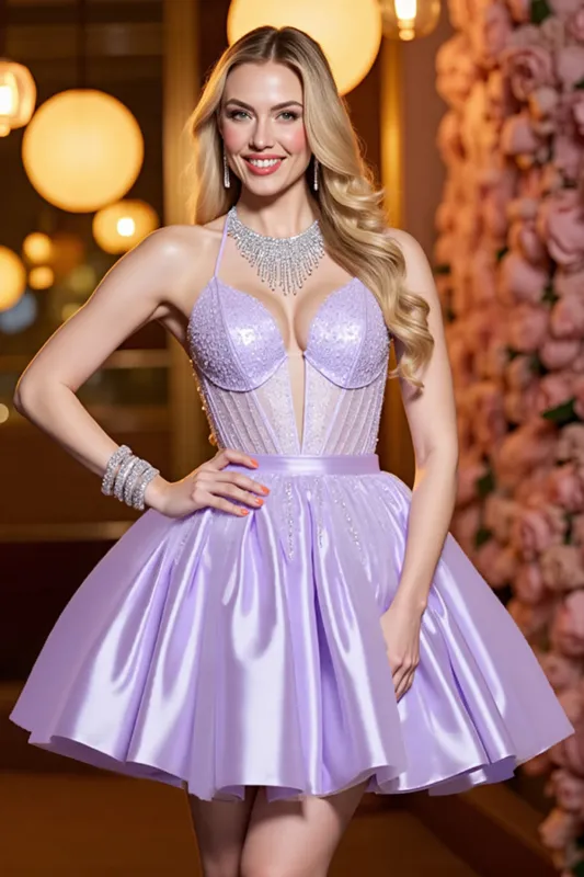 Corset A Line Lilac Ruched Homecoming Dress with Beading sold by Zapaka