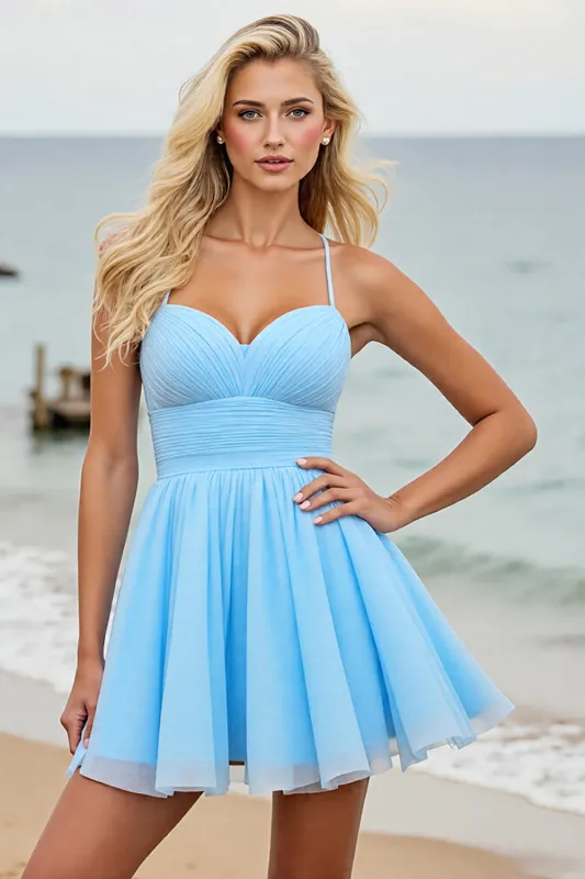 Light Blue A Line Spaghetti Straps Ruched Short Homecoming Dress sold by Zapaka