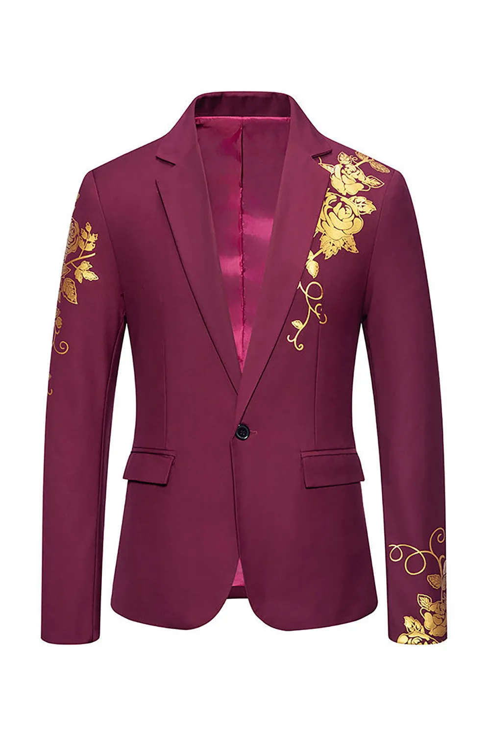 Burgundy Flower Print One Button Notched Lapel Men's Blazer sold by Zapaka