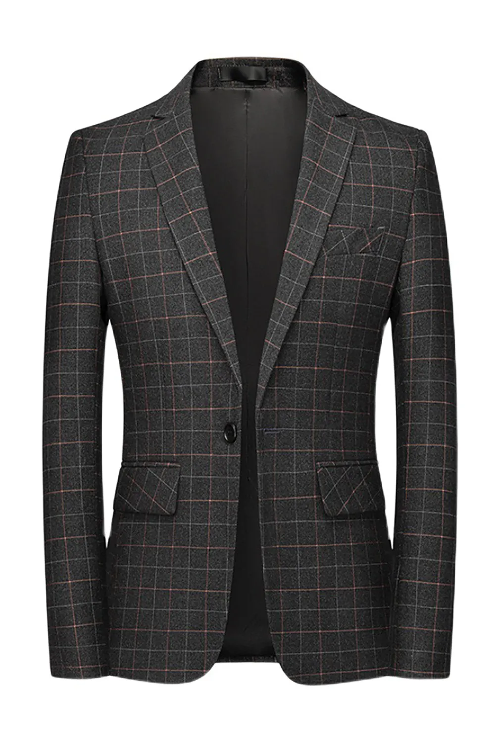 Men's Dark Grey Plaid Notched Lapel Blazer sold by Zapaka