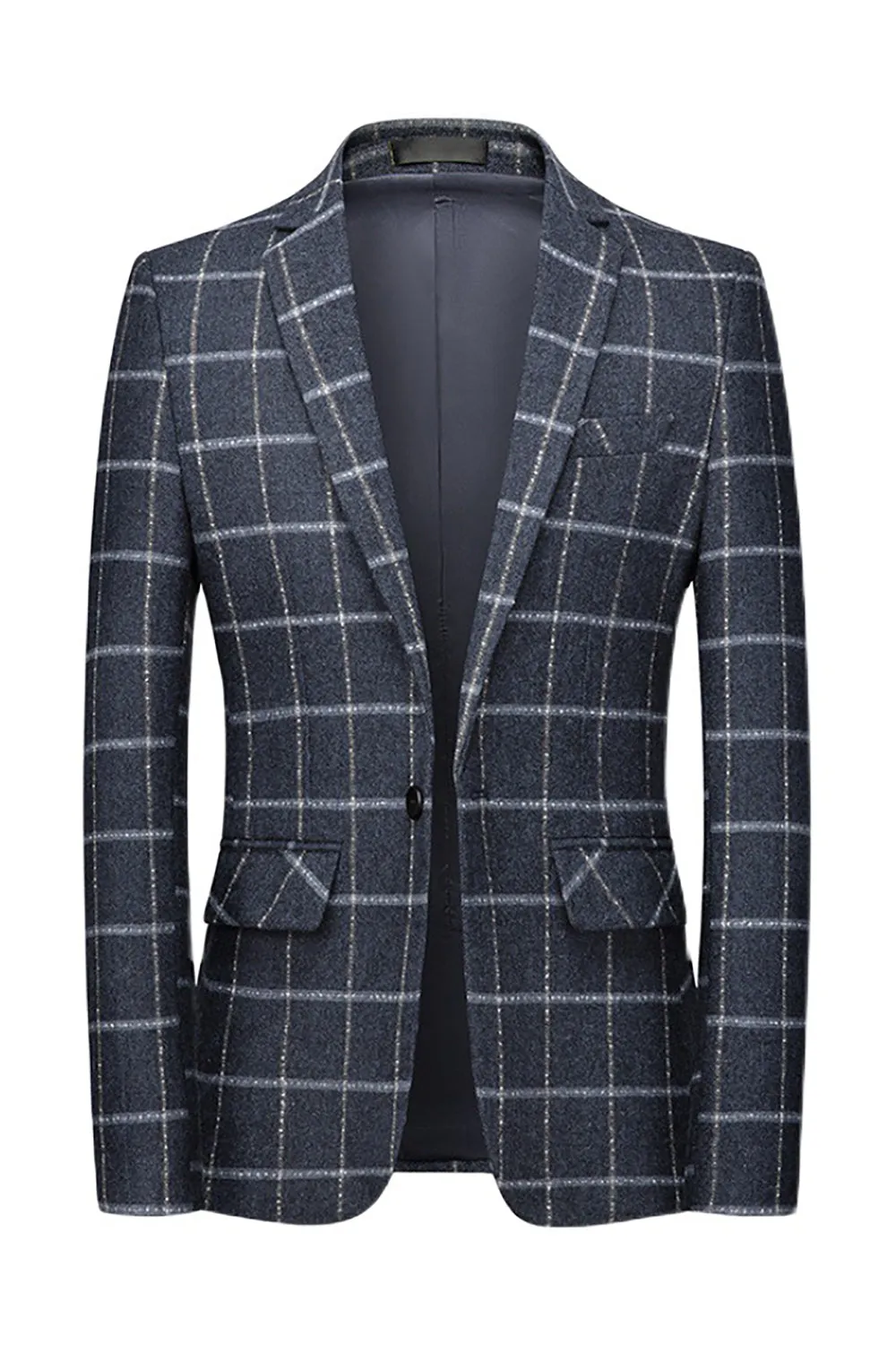 Dark Blue Plaid Notched Lapel Men's Blazer with Pockets sold by Zapaka
