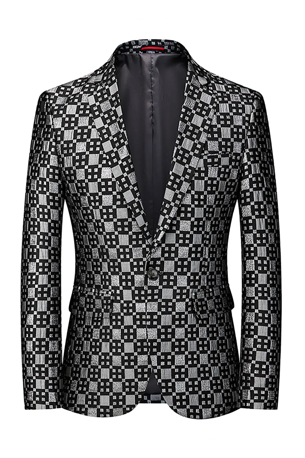 Black Plaid Notched Lapel One Button Men's Blazer sold by Zapaka